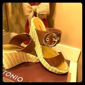 Cognac leather strap platform wedge sandal